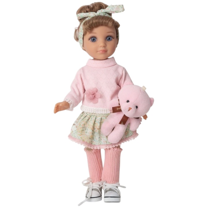 Bianca baba mackóval, 35 cm, Divatbaba kiegészítőkkel és rózsaszín öltözékkel, Interaktív játék kislányoknak plüss anyaggal és valósághű dizájnnal, Gyűjtői baba modern ruhákkal 3+ éves gyermekeknek, Rózsaszín