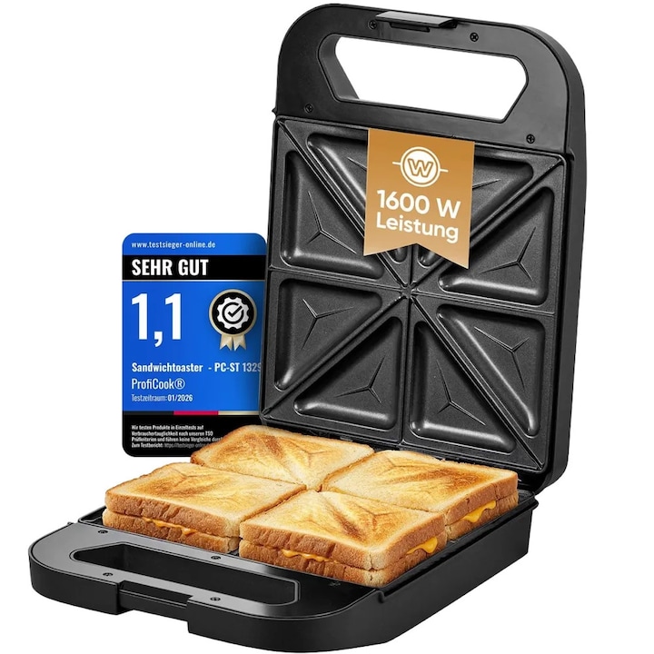 Sandwich maker ProfiCook, preparare simultana a 4 sandvisuri, placi antiaderente, control automat temperatura, indicatoare luminoase functionare/incalzire, protectie supraincalzire, insertie otel inoxidabil, maner ergonomic/termorezistent, negru