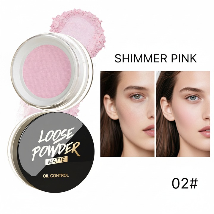 WakeAngel olajkontroll világító púder, víz- és izzadásálló, szivaccsal, 02 Shimmer Pink