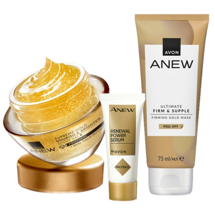 Set de ingrijire anti-aging, Avon - Tratament de noapte cu protinol Anew Ultimate Gold Emulsion 50 ml, Ser pentru ten Anew Renewal Power 10 ml, Masca pentru luminozitate Anew Ultimate Peel-off, 75 ml
