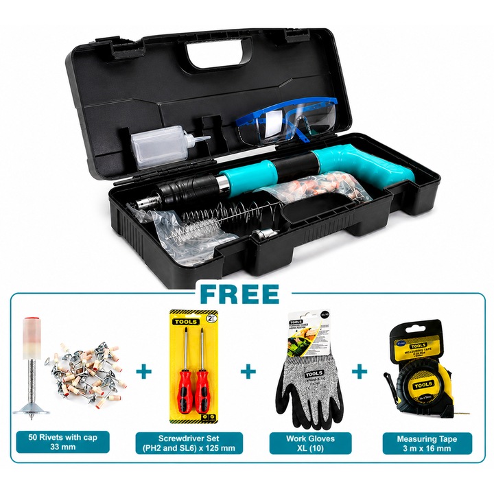 Set Pistol Pneumatic de Batut Cuie in Beton si Metal cu accesorii gratis