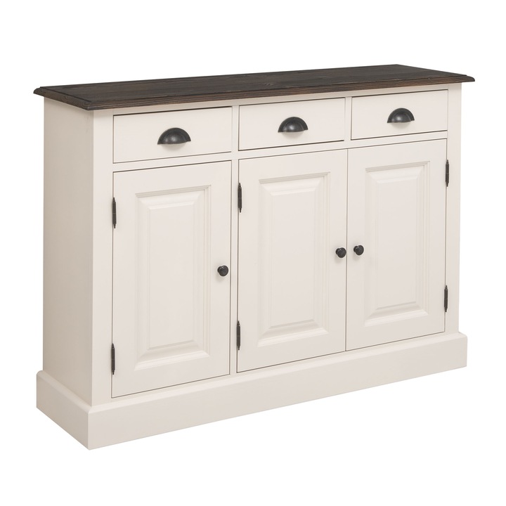 Dulap cu 3 usi si 3 sertare, dublu color, culoare blat maro P085, culoare corp crem P015, 100% lemn masiv, 120x35x85 cm