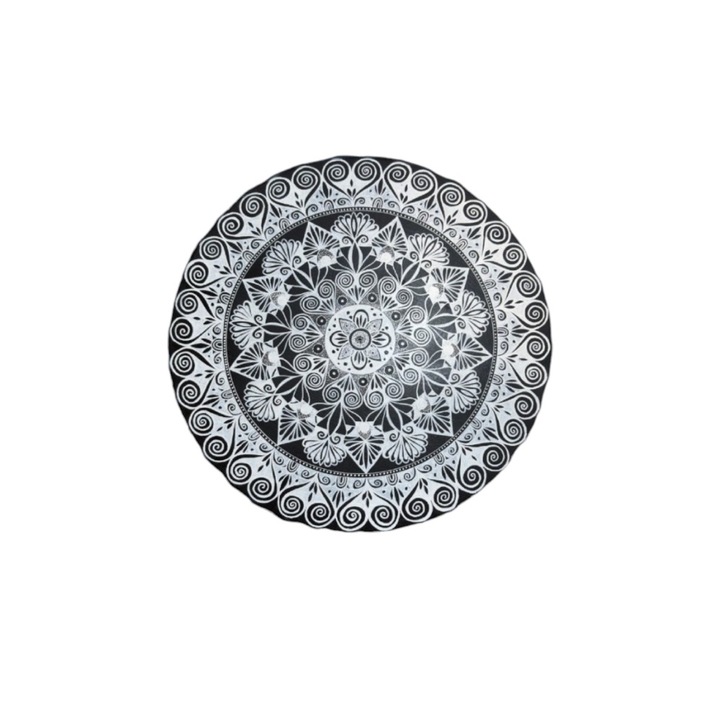 Kézzel készített mandala kép - egy csend köre, pontról pontra rajzolva fekete-fehér árnyalatokban, 30 cm