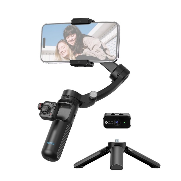 TOKQI M02 Gimbal Stabilizátor Telefonhoz, 360 fokos Forgatás, Intelligens AI Arckövető Érzékelő, Szelfibot és Állvány, Bluetooth Távirányító, Fekete