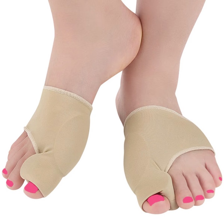 2 db bütyök- és lábujjelválasztó védő, textil anyagból, szilikon párnával, bézs, S-M méret