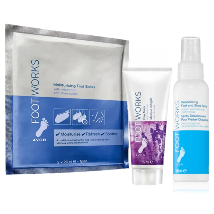 Set 3 produse FootWorks ingrijire pentru picioare, Avon - Masca pentru picioare cu lavanda 75 ml, Sosete Hidratante, Spray dezodorizant pentru picioare 100 ml