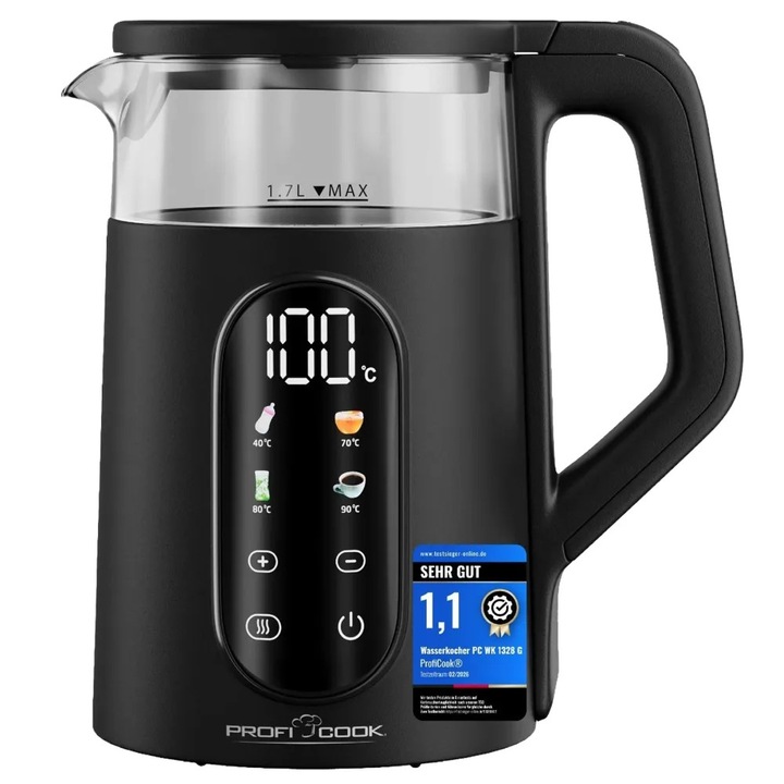 Fierbator electric apa ProfiCook, capacitate 1.7 litri, ideal pentru a incalzi apa pentru ceai/cafea/mancare bebelusi, 4 trepte temperatura (40°C - 100°C), functie Quick Start, functie Keep Warm, recipient termoizolat din sticla/fara BPA, negru
