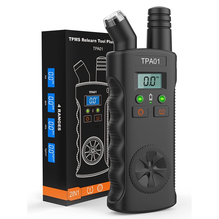 2 az 1-ben műszer gumiabroncsnyomáshoz, TPMS visszaállítás, BOMSTOM, 433 MHz, 4 beállítási tartomány, PSI, BAR, KPA, Kg/cm² váltás, minden autóhoz, motorkerékpárhoz és kerékpárhoz, Fekete