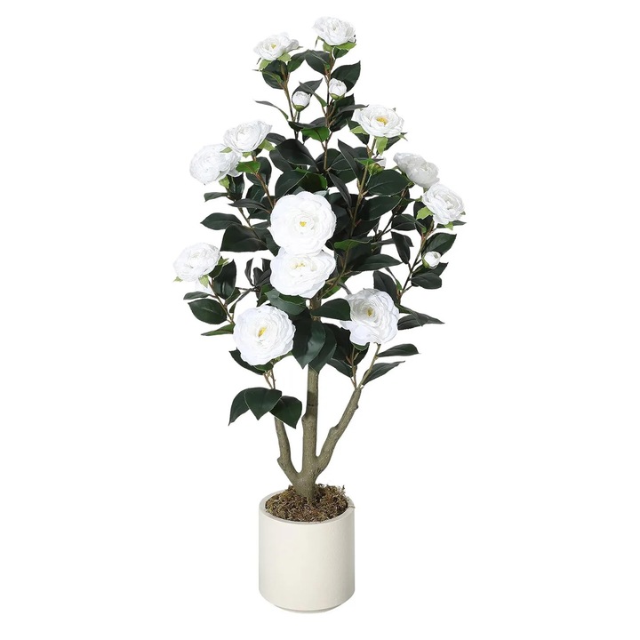 Műfenyő kamélia, Bonsai, 90 cm, PVC virágok és levelek, Beltéri, Álló, Sötét rózsaszín