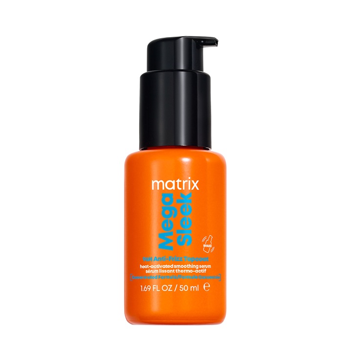Serum concentrat pentru netezire Matrix Mega Sleek 96H Anti-Frizz Topcoat, cu actionare prin formarea unei bariere hidrofobe activate de caldura, protectie termica pana la 230°C si elimina frizz-ul timp de 96 de ore, 50ml