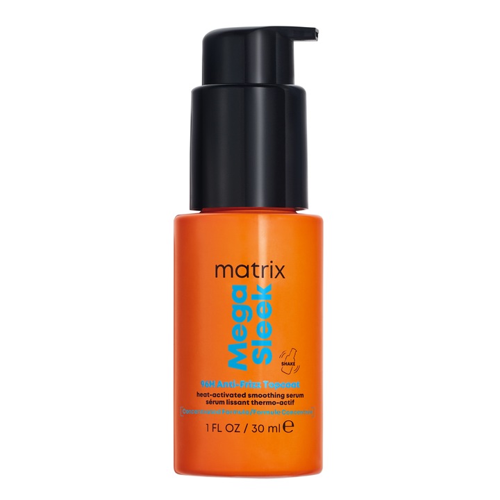 Serum concentrat pentru netezire Matrix Mega Sleek 96H Anti-Frizz Topcoat, cu actionare prin formarea unei bariere hidrofobe activate de caldura, protectie termica pana la 230°C si elimina frizz-ul timp de 96 de ore, 30ml
