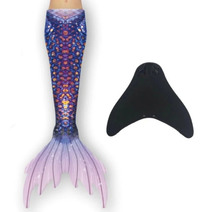 Опашка на русалка / опашка за плуване от текстил с подвижен моноплавник, Girl with mermaid tail, синьо/лилаво, 140