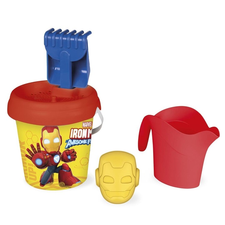 Set pentru nisip SMOBY Iron Man, galeata cu accesorii (sita, grebla, forma, stropitoare), 17 cm, licentiat Marvel, Multicolor, 18 luni+