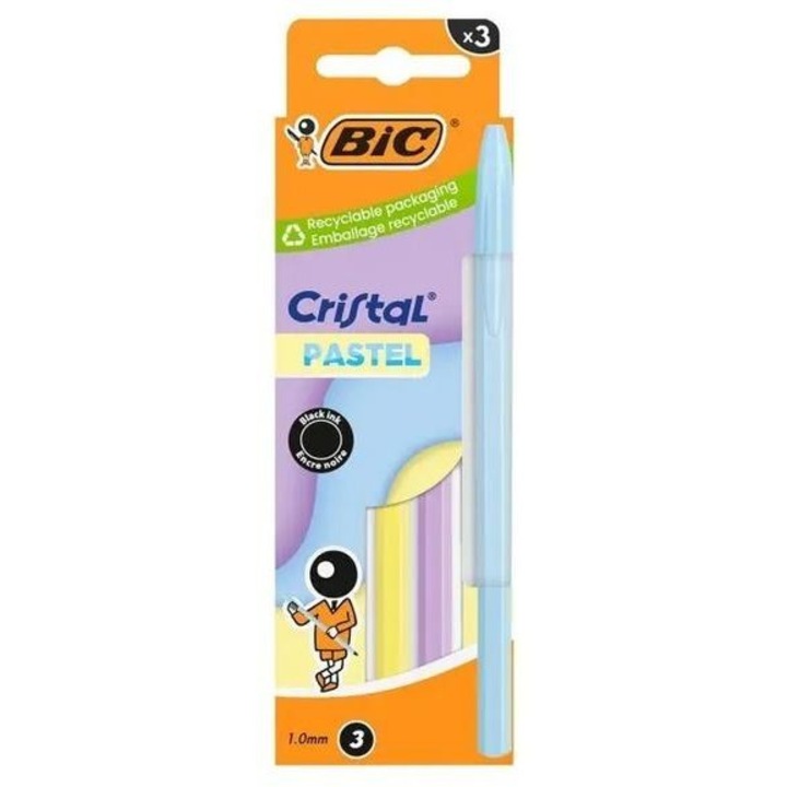 BIC Cristal Pastel toll, 1.0 mm hegy, fekete tinta, pasztellkék, 3 darabos szett