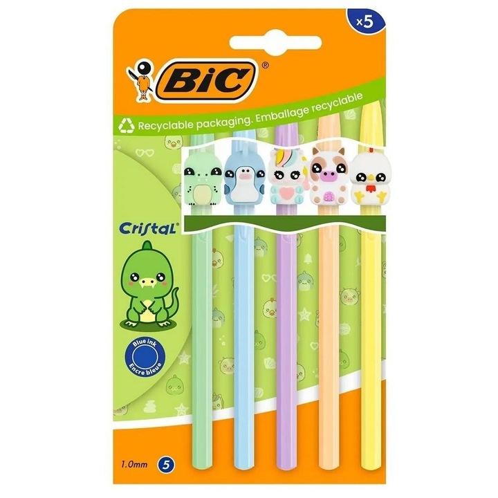 BIC Cristal Figurine golyóstoll/henger, 1.0 mm hegy, kék tinta, figurás topperrel, kék, 5 db
