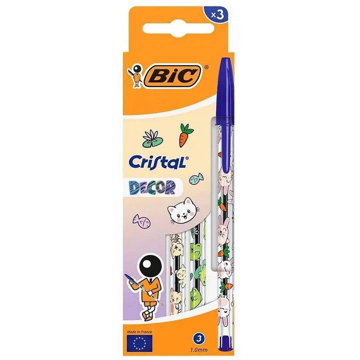 BIC Cristal Kawaii Decor kék 1mm-es tollkészlet, 3 db