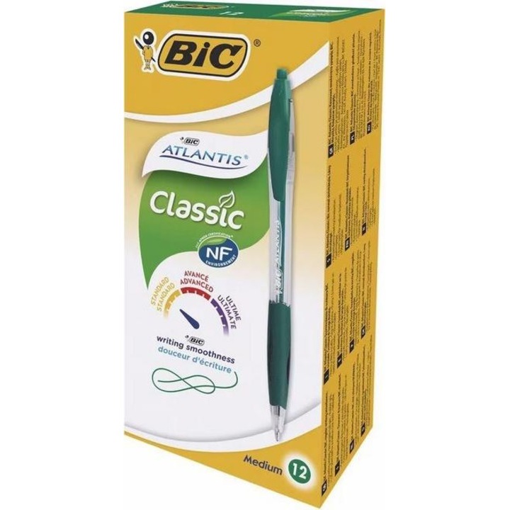 BIC Atlantis Classic golyóstoll, közepes hegy, átlátszó test ergonomikus markolattal, karton tokban, zöld, 12 darab