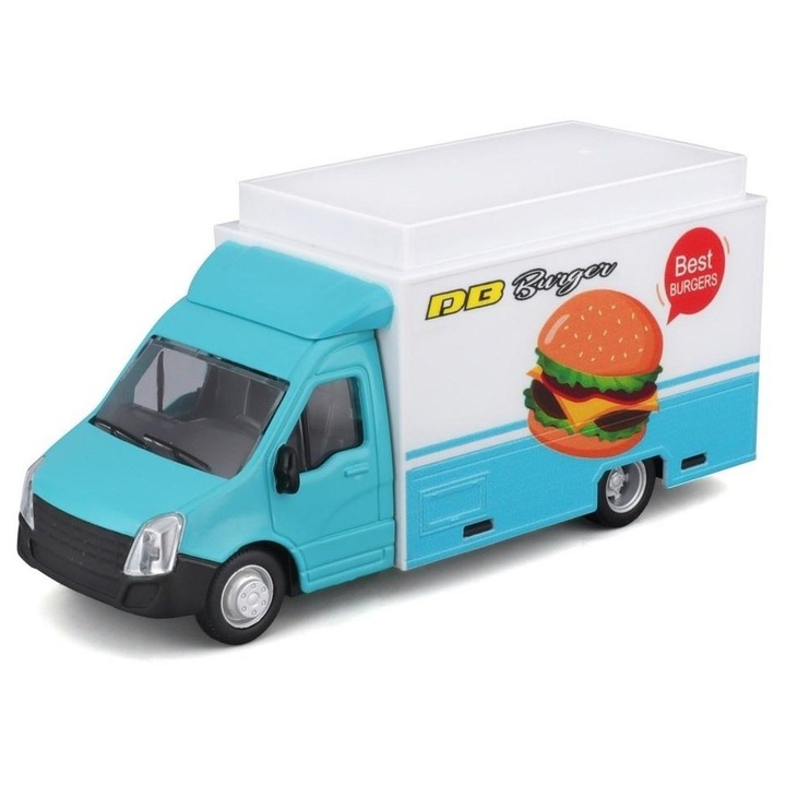 Model metalic camion BBurago Food Truck, din metal, cu roti mobile, Multicolor, 14 cm