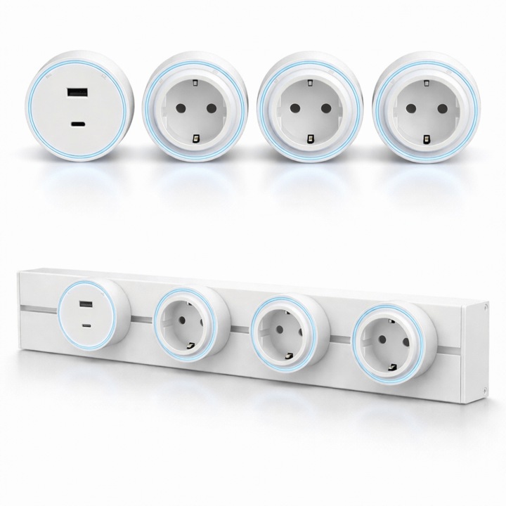Sina modulara prize Onuvio® 50cm, 8000W, 4 adaptoare (3x priza EU cu impamantare + 1x USB + Type-C), montaj perete/blat, sistem premium birou/bucatarie, Alb