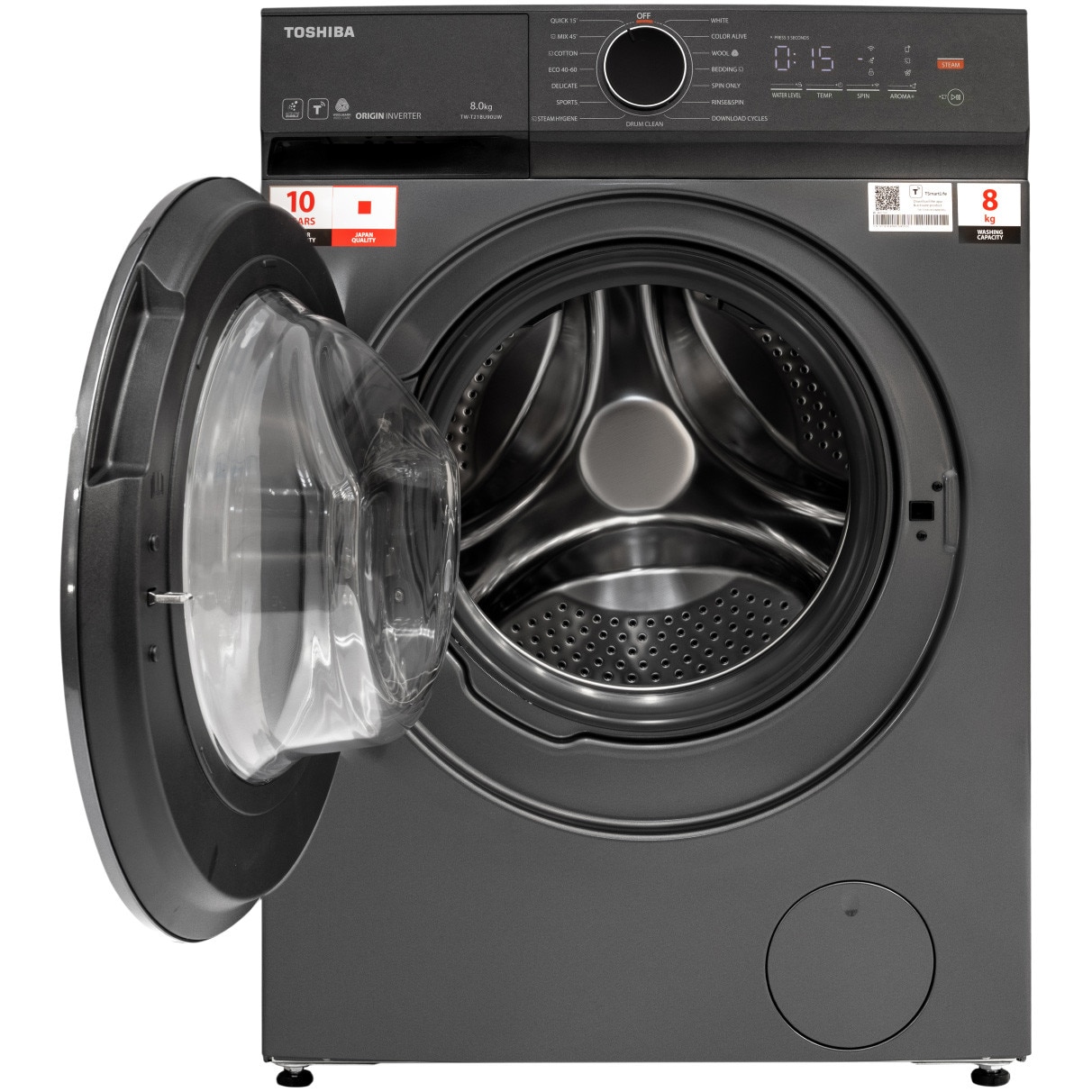 Masina de spalat rufe Slim Toshiba TW-T21BU90UWBK(MG), Wi-Fi, Inverter, Steam Hygiene, Baby Care, Ultra Fine Bubble, Aroma+, Display LED, Start intarziat, 8 kg, 1400 rpm, Clasa A, Inox inchis