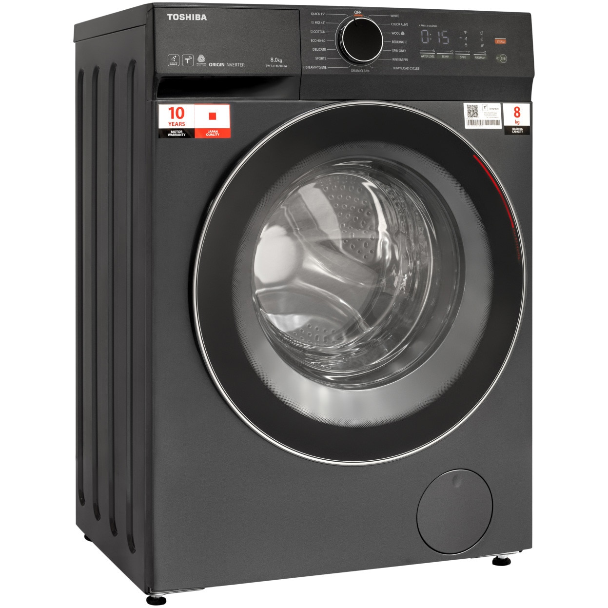Masina de spalat rufe Slim Toshiba TW-T21BU90UWBK(MG), Wi-Fi, Inverter, Steam Hygiene, Baby Care, Ultra Fine Bubble, Aroma+, Display LED, Start intarziat, 8 kg, 1400 rpm, Clasa A, Inox inchis