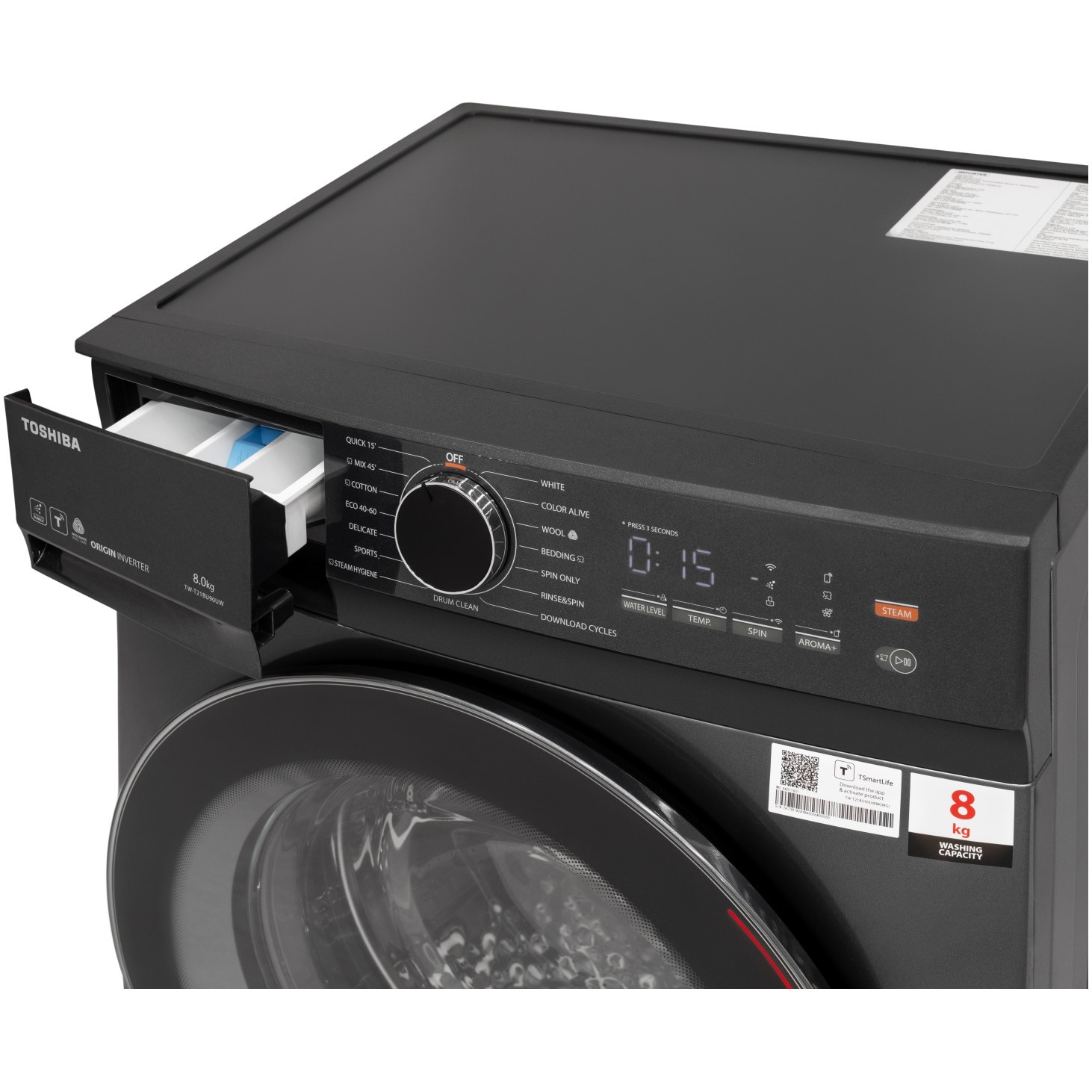 Masina de spalat rufe Slim Toshiba TW-T21BU90UWBK(MG), Wi-Fi, Inverter, Steam Hygiene, Baby Care, Ultra Fine Bubble, Aroma+, Display LED, Start intarziat, 8 kg, 1400 rpm, Clasa A, Inox inchis