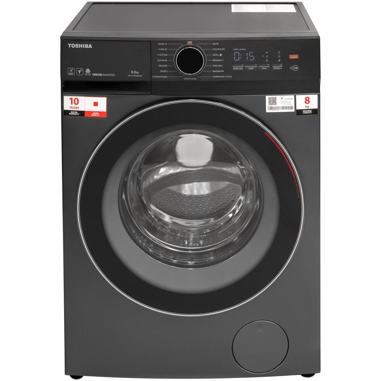 Masina de spalat rufe Slim Toshiba TW-T21BU90UWBK(MG), Wi-Fi, Inverter, Steam Hygiene, Baby Care, Ultra Fine Bubble, Aroma+, Display LED, Start intarziat, 8 kg, 1400 rpm, Clasa A, Inox inchis