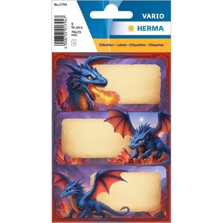 Etichete scolare Herma Dragon, autocolante din hartie cu desen dragon, 76x35 mm, multicolor, 3 blistere (27 etichete)