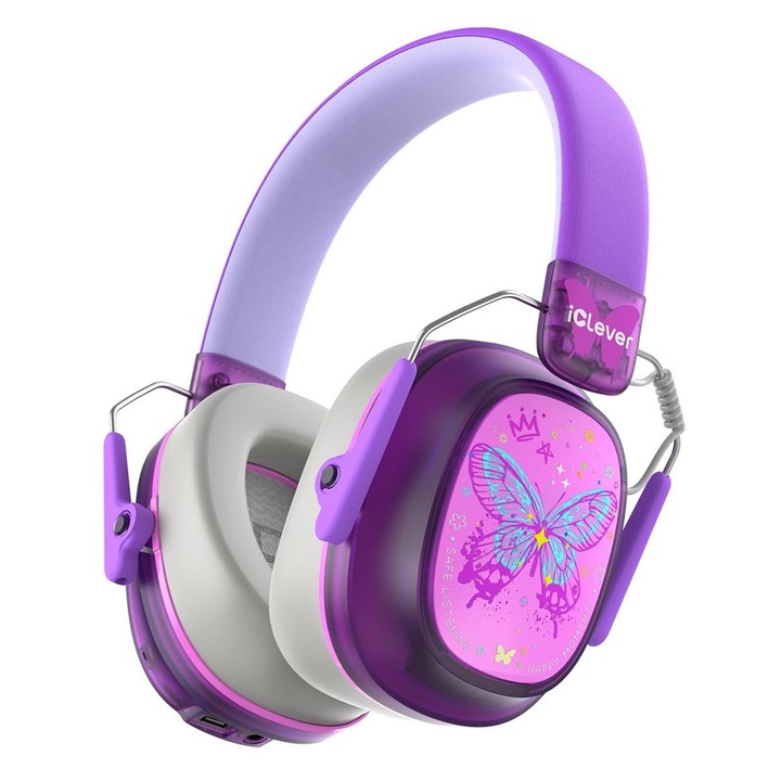 Casti iClever EM02, Bluetooth, Anulare Zgomot, Culoare Purple, 60h Timp Redare, Protectie Urechi, Standard