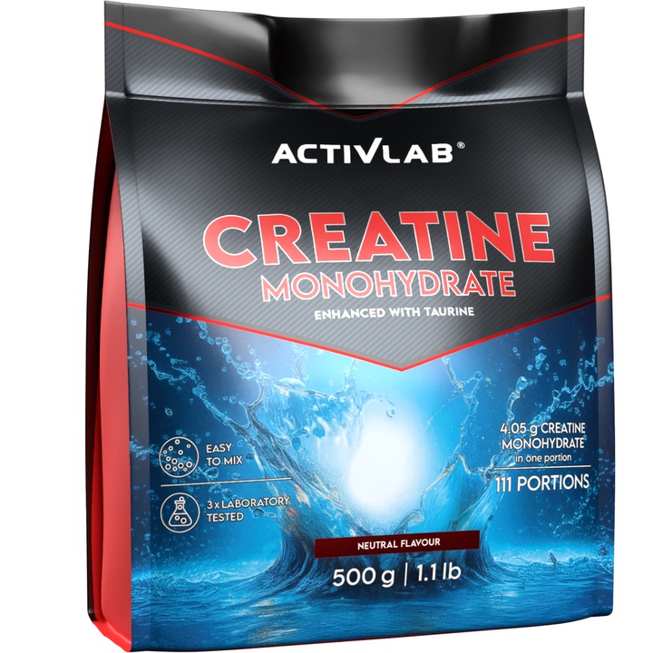 Activlab Creatina Monohidrat cu Taurina 500 g, Fara aroma, supliment nutritiv pentru sportivi, sustine performanta fizica in antrenamente intense, creste forta si rezistenta musculara, ideal inainte si dupa efort
