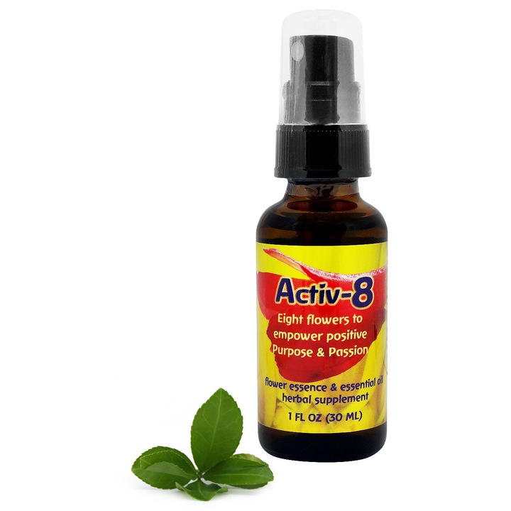 Spray esenta florala/pulverizator Flower Essence Services Activ-8, complex 8 esente pentru scop si pasiune, cu uleiuri esentiale de scortisoara si cardamom, Maro, 30 ml
