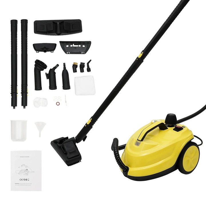 Curatator cu abur, De mana, 2000 W Putere, Perie rotativa 360°, Otel inoxidabil, Pentru bucatarie, Galben deschis