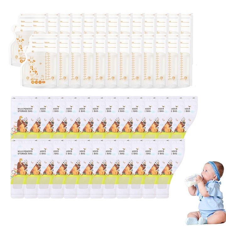 Set 50 pungi de depozitare a laptelui matern, Minetgnon®, Cu markere, Cu turnare, Fara BPA, Pre-sigilate igienic, Pentru congelator Refrigerare si congelare, PET/PE, 250 ml, Alb/Transparent