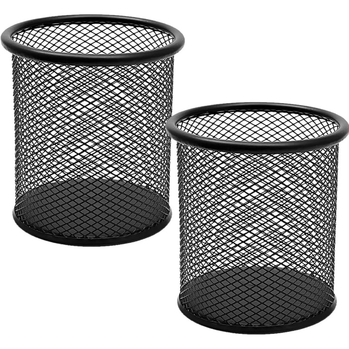 Set de 2 suporturi metalice pentru creioane, suport rotund pentru creioane din plasa, suport pentru creioane multifunctional, suport pentru pixuri, organizare pentru birou si casa, negru
