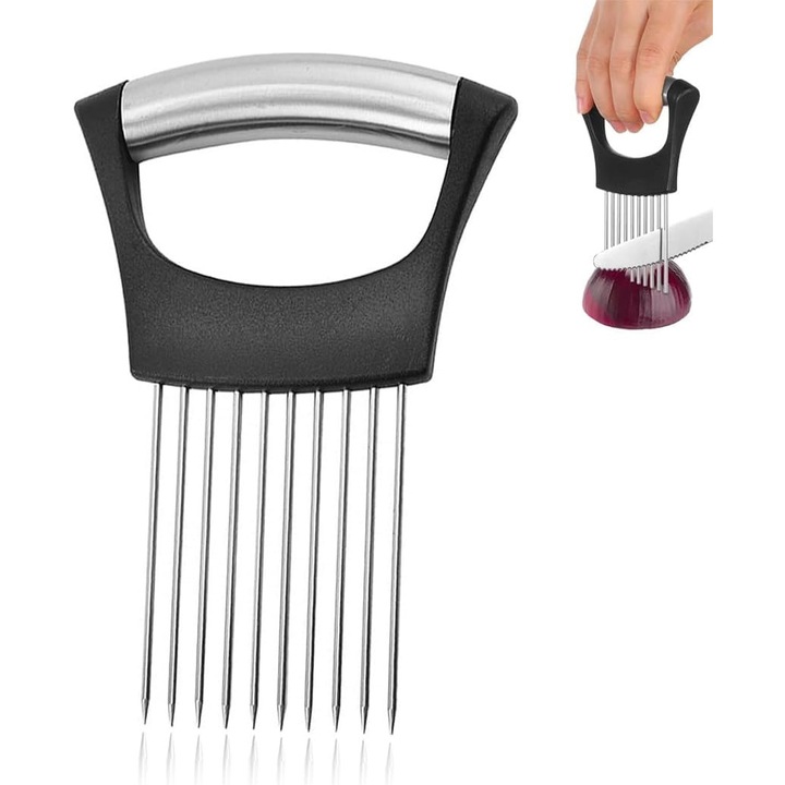 Taietor de ceapa din otel inoxidabil, furculita pentru ceapa, feliator universal pentru fructe si legume, ac pentru carne, negru 14 * 9, 5 cm