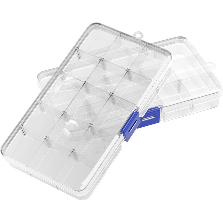 Cutie de depozitare din plastic cu 2 piese, 15 compartimente transparente, reglabila pentru depozitarea suruburilor, cerceilor, margelelor, rechizitelor de birou