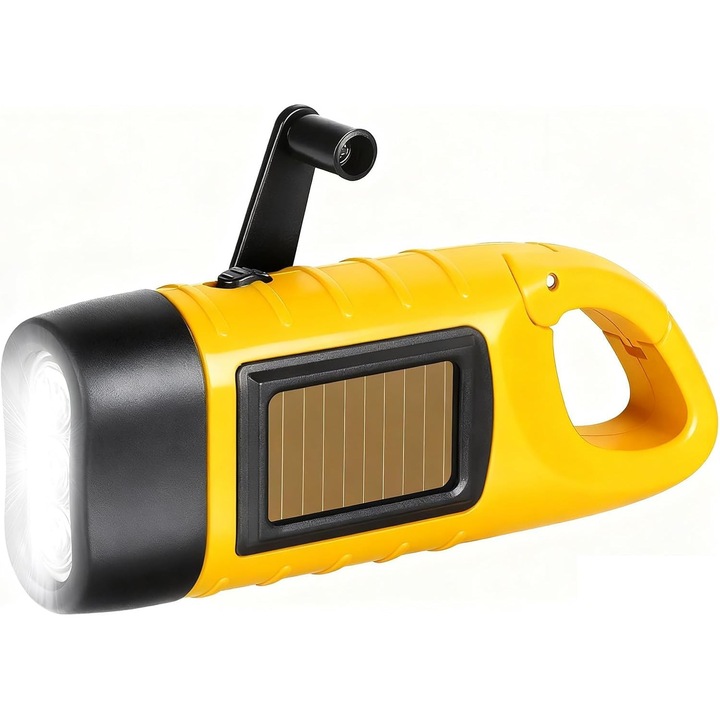 Lanterna solara, lanterna LED de urgenta cu carabina, lanterna portabila cu dinam cu manivela pentru camping in aer liber, pene de curent, ciclism, echipament de urgenta (galben)