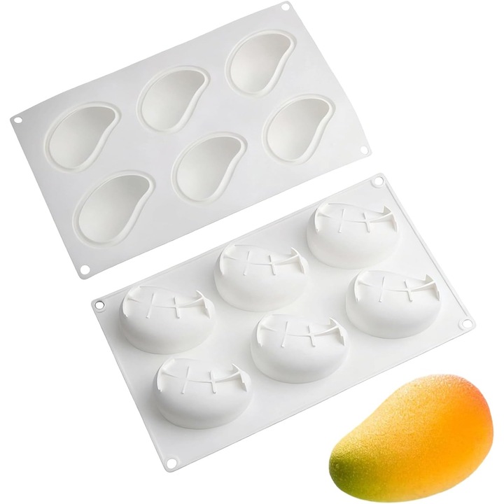 2 buc matrite de mango, matrita 3D trompe l'oeil, matrita de patiserie din silicon cu 6 compartimente, forma de fruct de mango, potrivita pentru prajituri mousse, bomboane, sapunuri si lumanari parfumate (alb)
