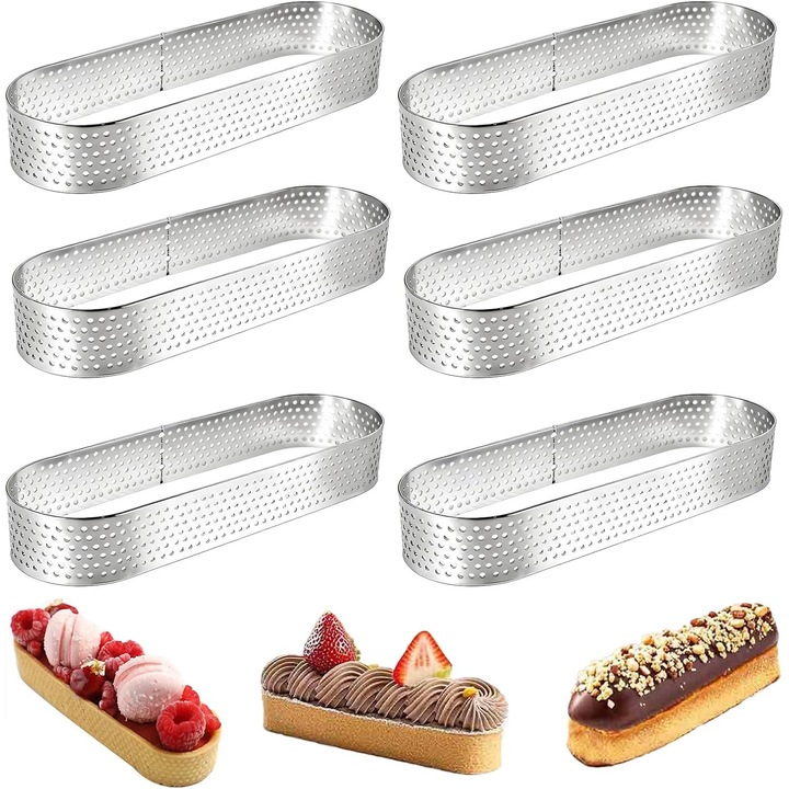 Set de 6 inele ovale pentru patiserie din otel inoxidabil 304 - Forme perforate pentru tarta, mousse, quiche, deserturi frantuzesti