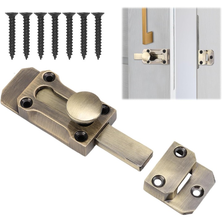 Zavor de usa, incuietoare pentru usi glisante, zavor din alama de 3 inch (7, 5 cm), incuietoare de poarta interioara/exterioara cu suruburi pentru fereastra, dulap, gradina (stil retro)