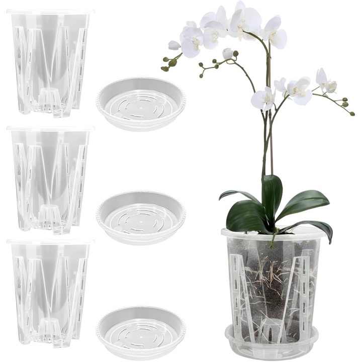 3 db átlátszó műanyag orchidea cserép készlet, orchidea cserép vízelvezető lyukakkal, légáteresztő beltéri és kültéri növényekhez és virágokhoz (14 cm + tálca)