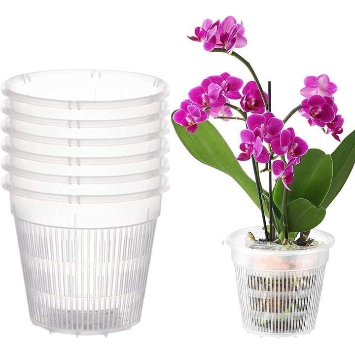 6 db átlátszó, légáteresztő műanyag orchidea cserép szett, vízelvezető lyukakkal, alkalmas orchideákhoz, palántákhoz, pozsgásokhoz és cserepes növényekhez (11 cm)