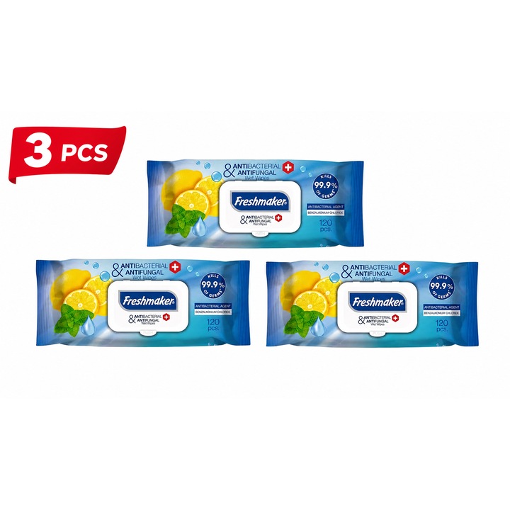 Pachet x 3 Servetele umede antibacteriene Freshmaker, 120 bucati