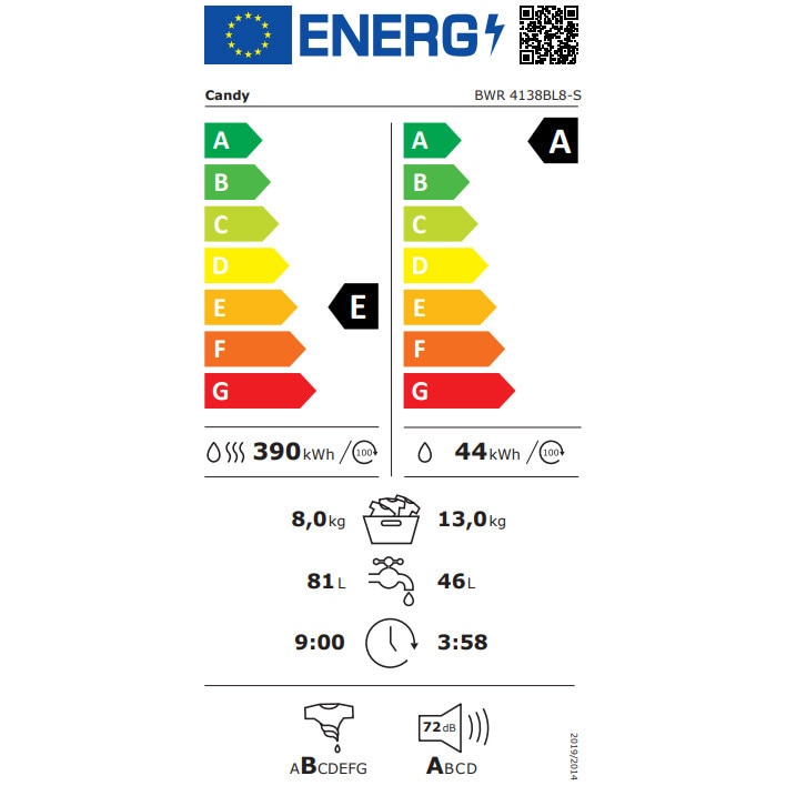 Masina de spalart rufe cu uscator Candy BWR 4138BL8-S, clasa A-20%, 13+8 kg, Motor Inverter, ProActive Wash, WiFi/hOn app, XL Soft Drum, Clean Shield, alba