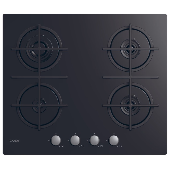 Plita incorporabila pe gaz, Candy CHG6LB, 4 arzatoare, gratare fonta, 60 cm, neagra