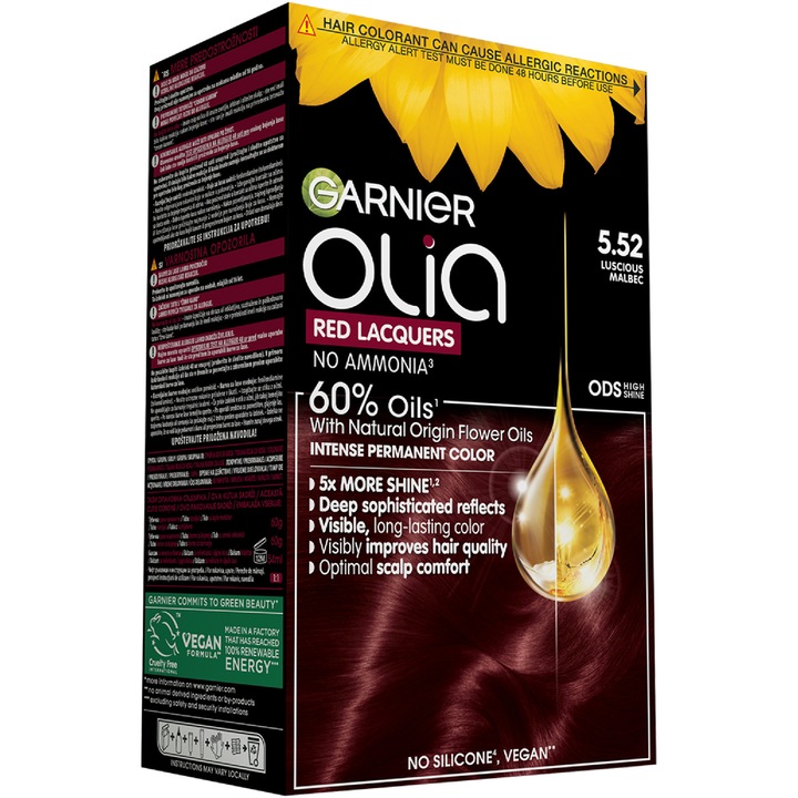 Vopsea de par permanenta fara amoniac Garnier Olia 5.52 Rosu vinil, 174 ml