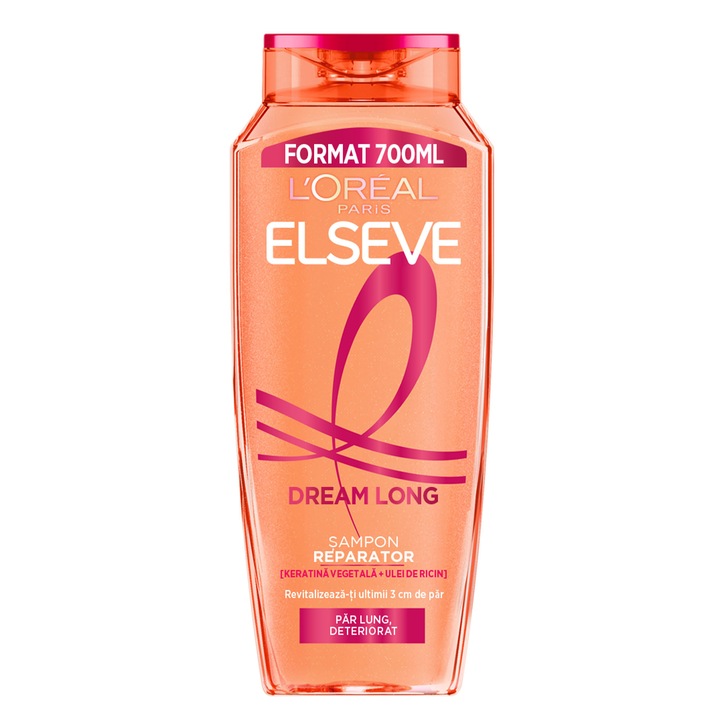 Sampon reparator pentru par L'Oreal Paris Elseve Dream Long, imbogatit cu Keratina vegetala si Ulei de Ricin, pentru parul lung, deteriorat, 700 ml