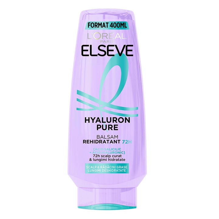 Balsam rehidratant L'Oreal Paris Elseve Hyaluron Pure, imbogatit cu Acid Hialuronic si Acid Salicilic, pentru scalp si radacini grase si lungimi deshidratate, 400 ml