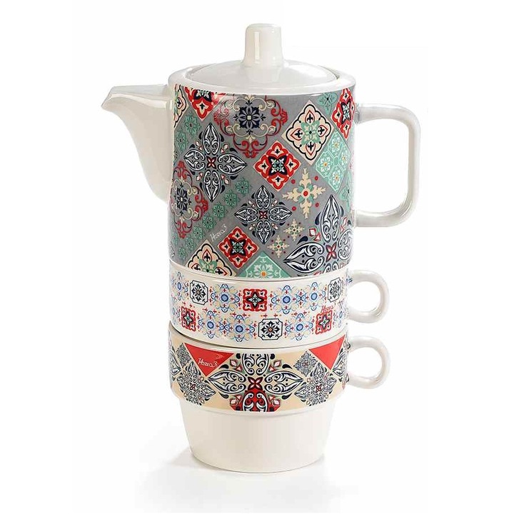 Set ceainic, 2 cesti portelan multicolor 14x8x20 cm, 320 ml, 190 ml