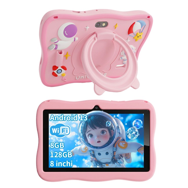 Tableta pentru copii, Ginawe, 8 inch, Android 13, 3-12 ani, 8GB RAM, 128GB ROM (extensibila la 256GB), Software pentru copii preinstalat, Mod de control parental online, Bluetooth, WiFi, Roz, include husa de protectie
